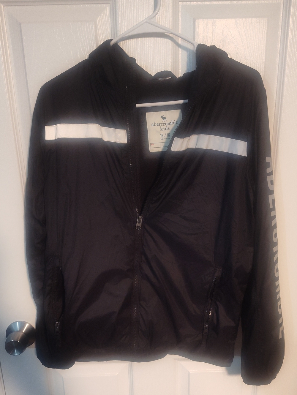 abercrombie kids Black Hooded Windbreaker with White Reflective Stripes
